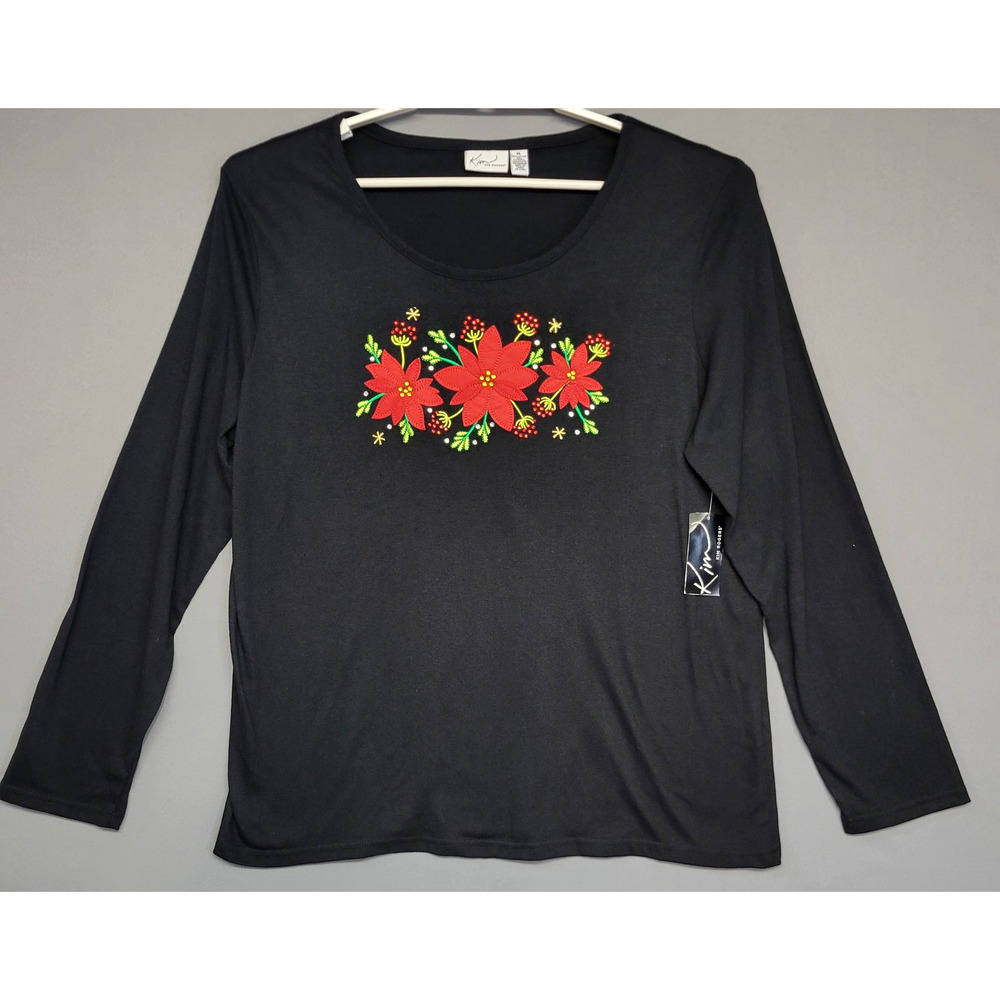 Kim Rogers Shirt Womens XL Black Long Sleeve Poinsettia Embroidered Christmas